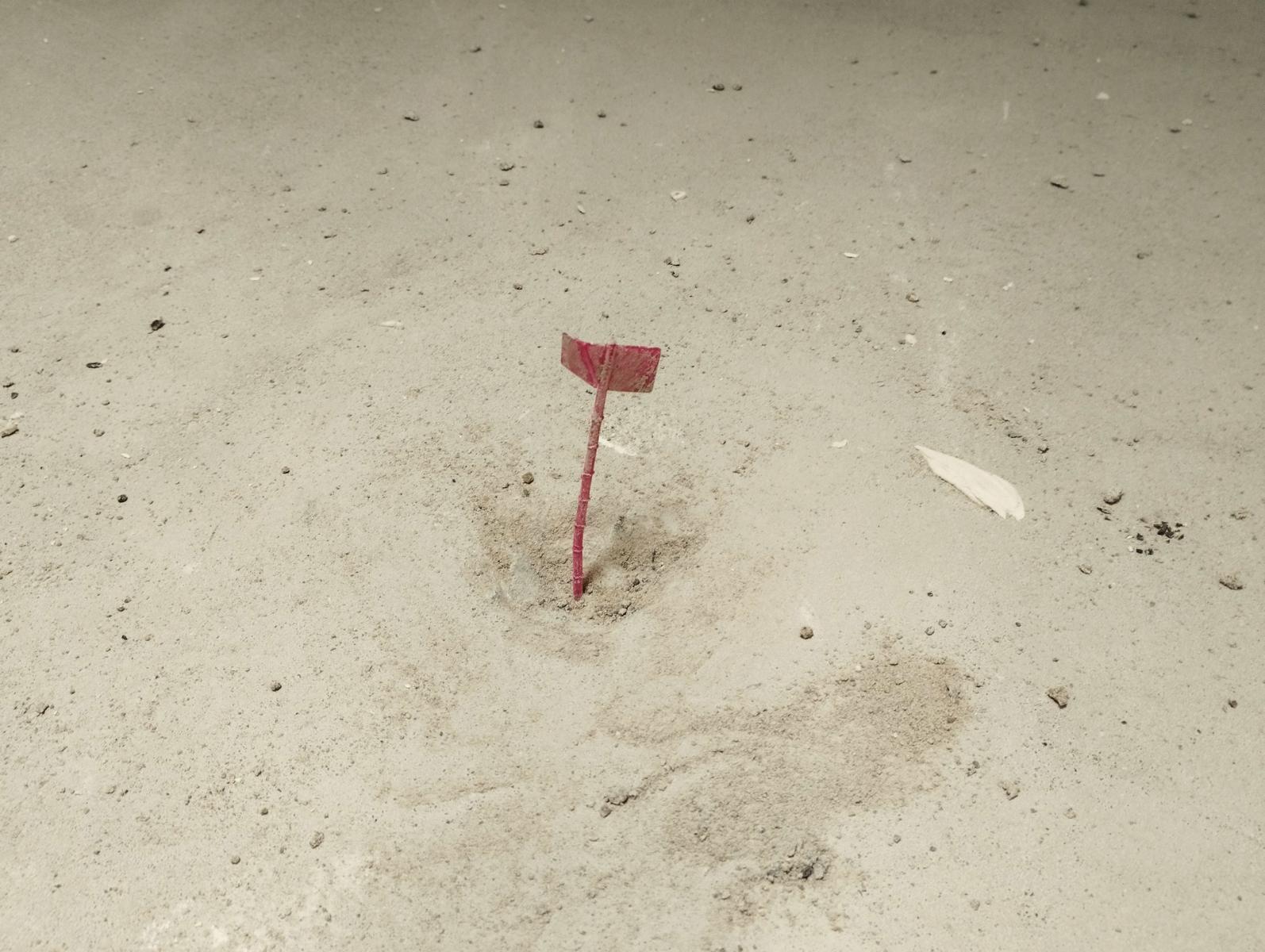 Das Bild zeigt ein in einem Estrich einbetoniertes Fähnchen, das die Messtelle für die CM-Messung kennzeichnet. Das Fähnchen hilft dabei, dass keine Schlaufen der Fußbodenheizung beschädigt werden. Probenmaterial einem Estrich entnommen, um den Feuchtigkeitsgehalt zu prüfen.