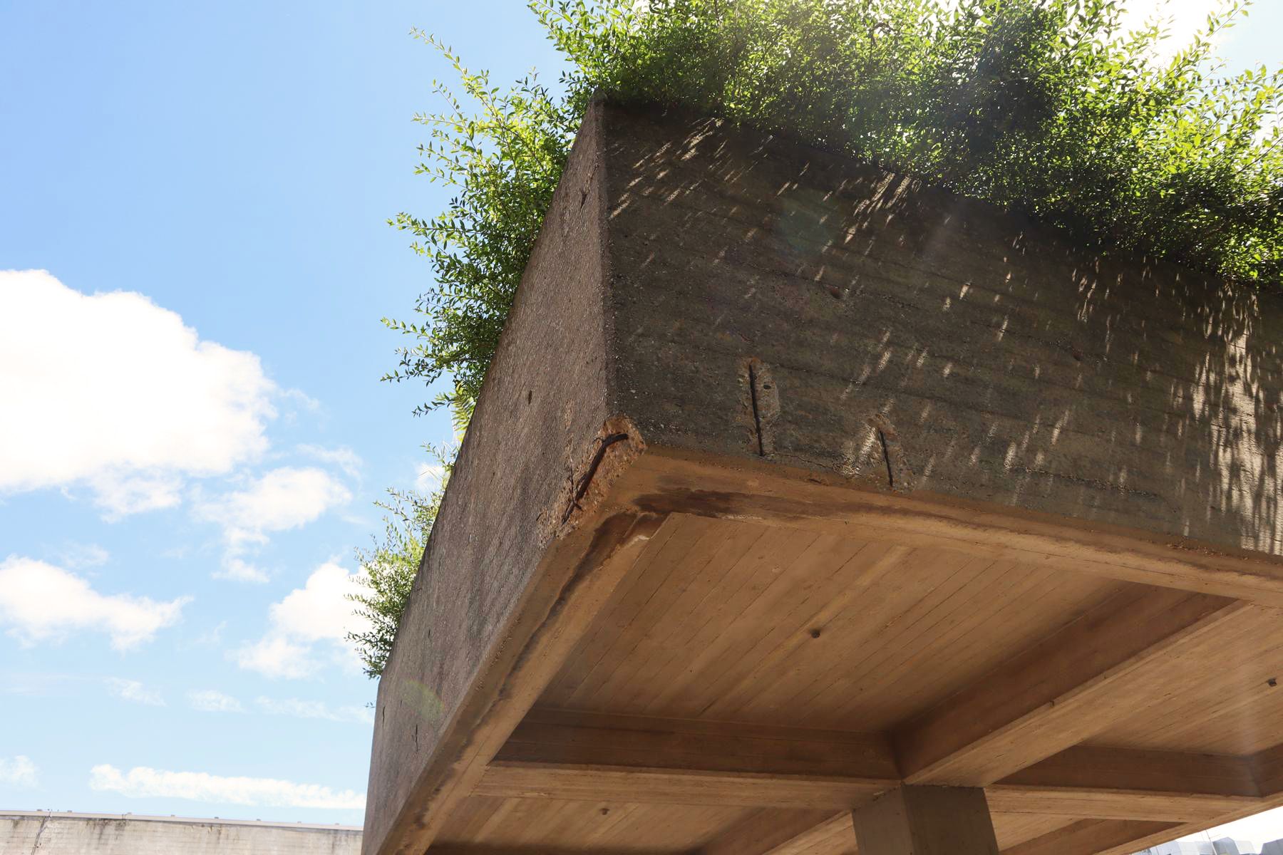 Betonschadstelle an Verschattungssystem ("Betonpilz") infolge der Karbonatisierung Das Bild zeigt Betonschadstellen an einem Verschattungssystem, dass aus unterschiedlichen Stahlbetonbauteilen in Form eines Pilzes konstruiert wurde. Die Schadstellen sind das Resultat der Karbonatisierung