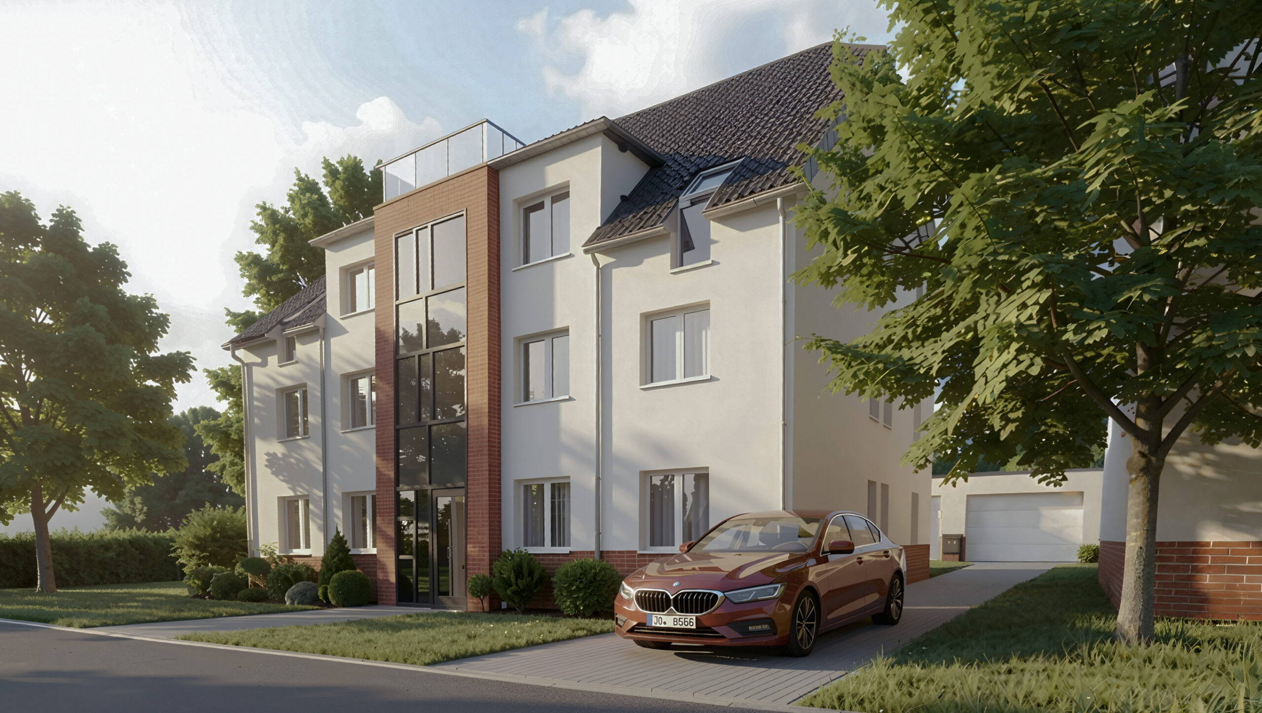 Das Bild zeigt ein KI-gestützes Rendering eines Mehrfamilienhauses, dessen Planung und Bau von der Kempis Tilmann Immobilien eGbr in Auftrag gegeben wurde. Der Sockel des Objekts ist verklinkert; die Fassade darüber ist ein weißes Wärmedämmverbundsystem. Das Dach ist ein Krüppelwalmdach mit schwarzen Ziegeln. Dieses Architektur-Rendering des Mehrfamilienhauses hat dabei geholfen, die Vermietung attraktiver und auch gewinnbringender zu gestalten.