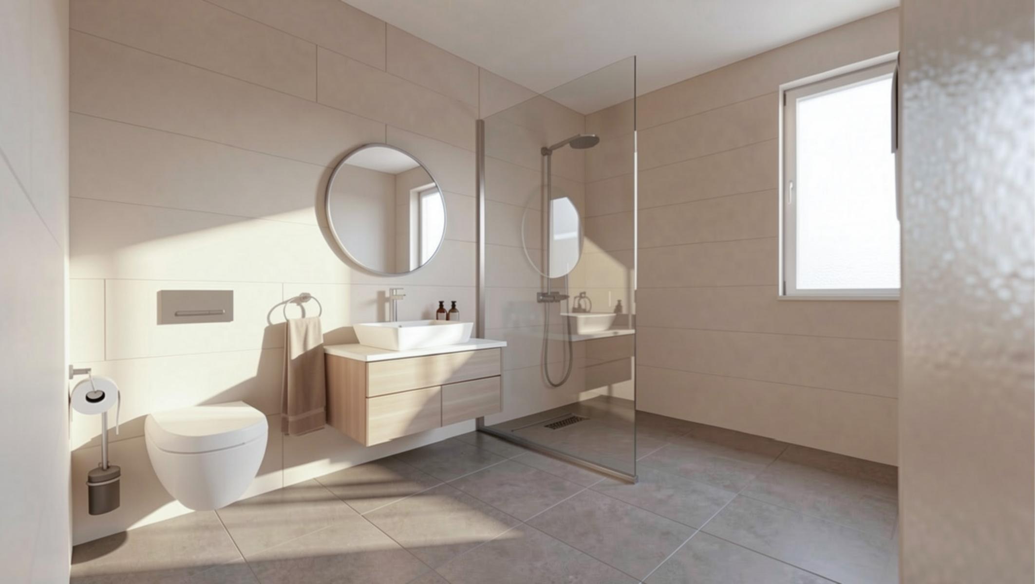 Das Bild zeigt die digitale Visualisierung eines Badezimmers. Die verbauten Materialien (d. h. Toilette, Waschbecken, Boden- und Wandfliesen etc.) wurden detailgetreu abgebildet; die Basis der Materialien waren die in den Angeboten bepreisten Komponenten.