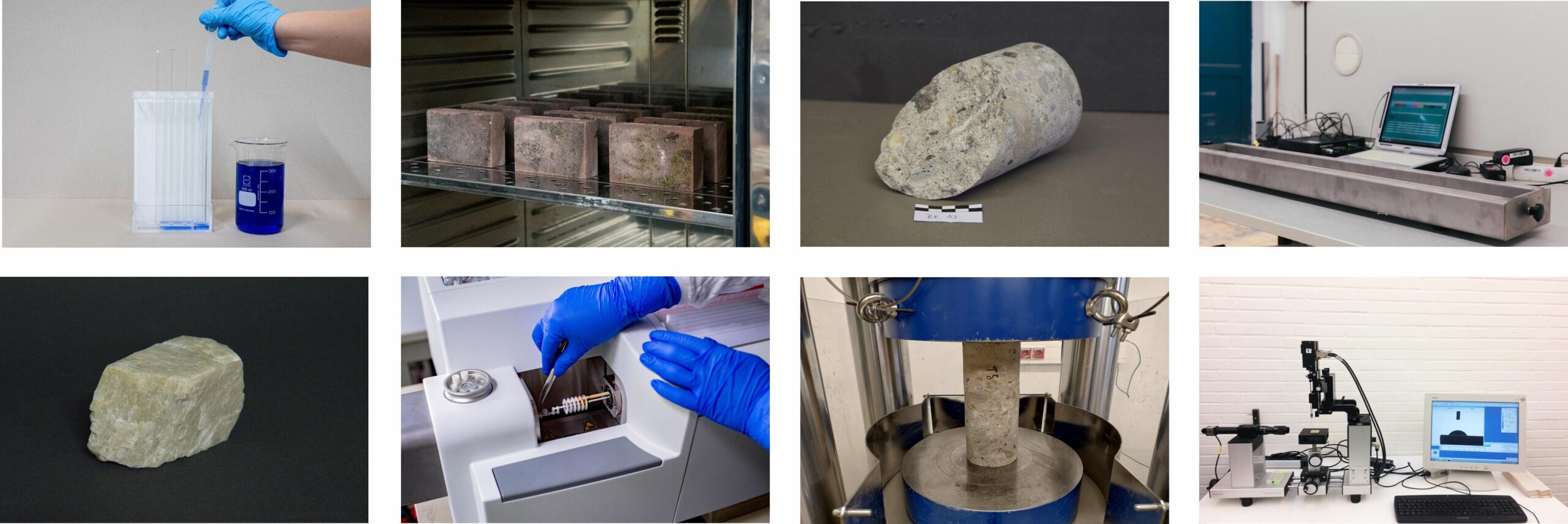 Baustoffanalysen Diese Bildtafel besteht aus acht Einzelbilder, die den täglichen Ablauf im Labor zeigen sollen. Neben thermogravimetrischen Analysen und eingelagerten Natursteinen in einem Trockenschrank, sind Betonprüfungen an einem Beton-Zylinder (Druckfestigkeitsprüfung) zu erkennen. Darüber hinaus ist eine Schwindrinne zu sehen, mit deren Hilfe das Schwindmaß von hydraulischen Bindemitteln (Zemente) bestimmen kann. Ein weiteres Bild zeigt ein Polarisationsmikroskop, mit dem Baustoffe optisch analysiert werden können. Zwei weitere Bilder zeigen eine Nahaufnahme eines Betonkerns sowie das Bruchstück eines Calcits (Mineral aus der Klasse der Carbonate mit der chemischen Formel: CaCO3)