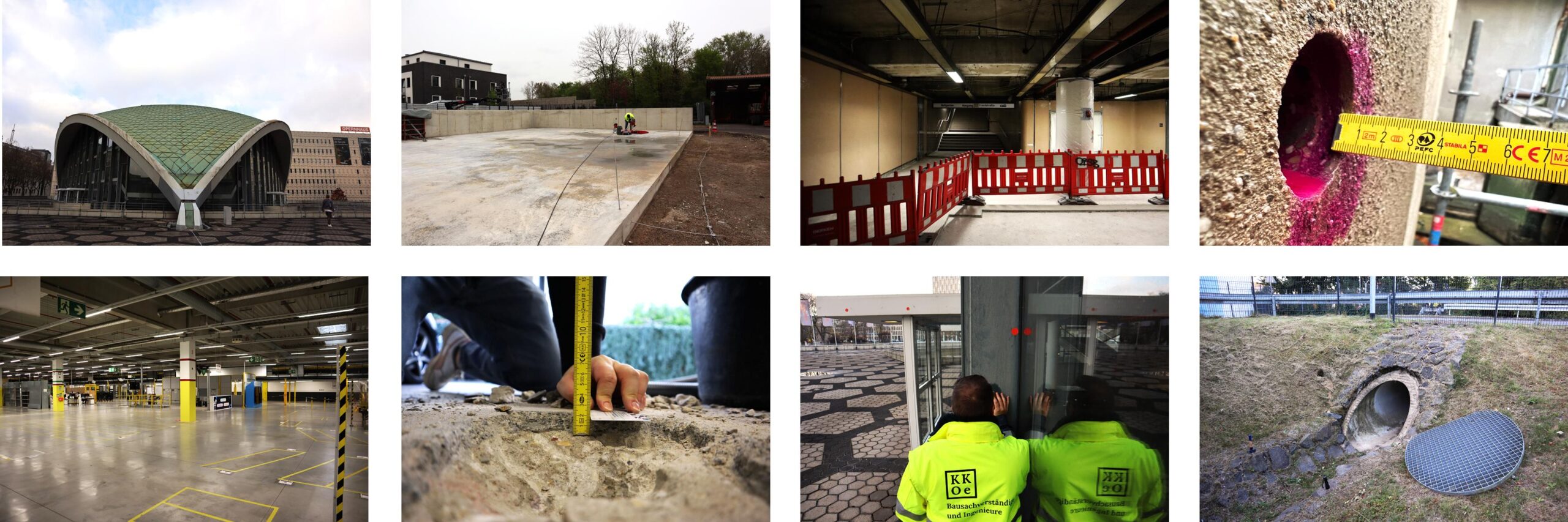 Impressionen der Bauwerksprüfung Diese Bildtafel zeigt insgesamt acht Fotoaufnahmen, die Einblicke der Bauwerksprüfung vermitteln. Es sind einige Bauwerke, wie die Oper in Dortmund, die U-Bahnhaltestelle in der Nordstadt von Düsseldorf, das Amazonlager in Rheinberg sowie ein Kanalbauwerk auf dem Firmengelände von Teekanne in Düsseldorf auf der Bildtafel zu erkennen. Darüber hinaus sind Bohrkernentnahmen aus einem Fundament, die Durchführung von Haftzugfestigkeitsprüfungen und die Messung der Karbonatisierungstiefe eines Betonbauteils in einem Pumpwerk abgebildet. Die Untersuchungen wurden von Mitarbeitenden der KKOe Beratenden Ingenieure aus NRW durchgeführt.