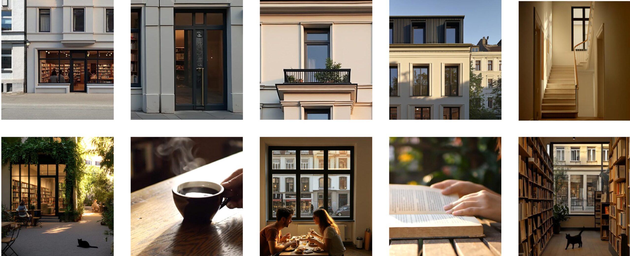 Die gerenderten Fototafeln zeigen verschieden Bauelemente, wie z. B. die Hauseingangstür eines Mehrfamilienhauses. Außerdem zu erkennen sind. Balkonansichten, ein innen gelegenes Treppenhaus, eine Bücherei sowie ein Hinterhof mit Sitzgelegenheiten. Dieses Architektur-Rendering war Bestandteil einer Projektentwicklung.