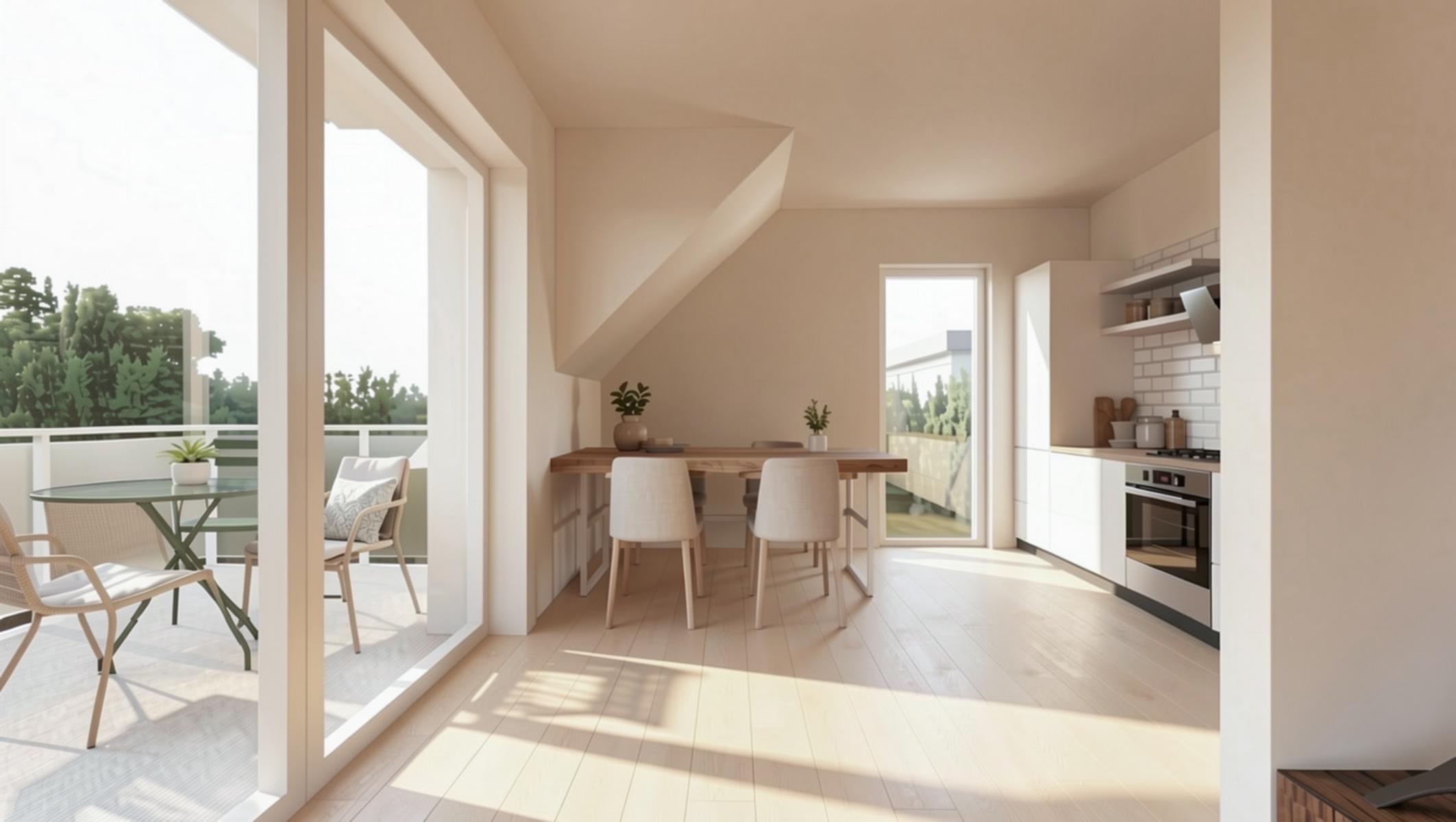 Das Bild zeigt ein KI-gestützes Rendering eines Esszimmers mit offener Küche und angrenzenden Balkon in einem Mehrfamilienhaus, dessen Planung und Bau von der Kempis Tilmann Immobilien eGbr in Auftrag gegeben wurde. Zum Zeitpunkt der Visualisierung war das Mehrfamilienhaus bzw. das Esszimmer noch nicht fertiggestellt. Das gerenderte Bild zeigt einen Esstisch sowie vier Stühlen als auch eine hochwertige Einbauküche. Auf dem großzügigen Balkon stehen zusätzlich zwei Stühle und ein runder Esstisch. Das von Mitarbeitern der KKOe Beratenden Ingenieure Kempis Kleisa PartG mbB erzeugte Bild war Bestandteil eines Exposé, welches potentiellen Käufern ausgehändigt worden ist.
