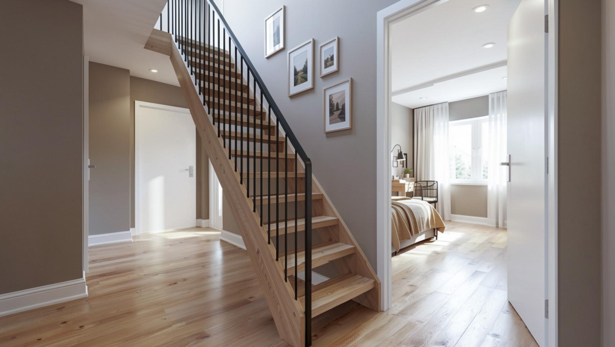 Die 3D-Visualisierung zeit den Flurbereich eines Penthouses. Es sind verschiedene Räumlichkeiten zu erkennen; jedoch sind die Türen nahezu alles verschlossen. Die Ausnahme bildet ein Raum, dessen Tür geöffnet ist. Dort befindet sich ein Schlafzimmer. Des Weiteren ist im Flur eine Holztreppe, die zur darübergelegenen Etage führt.