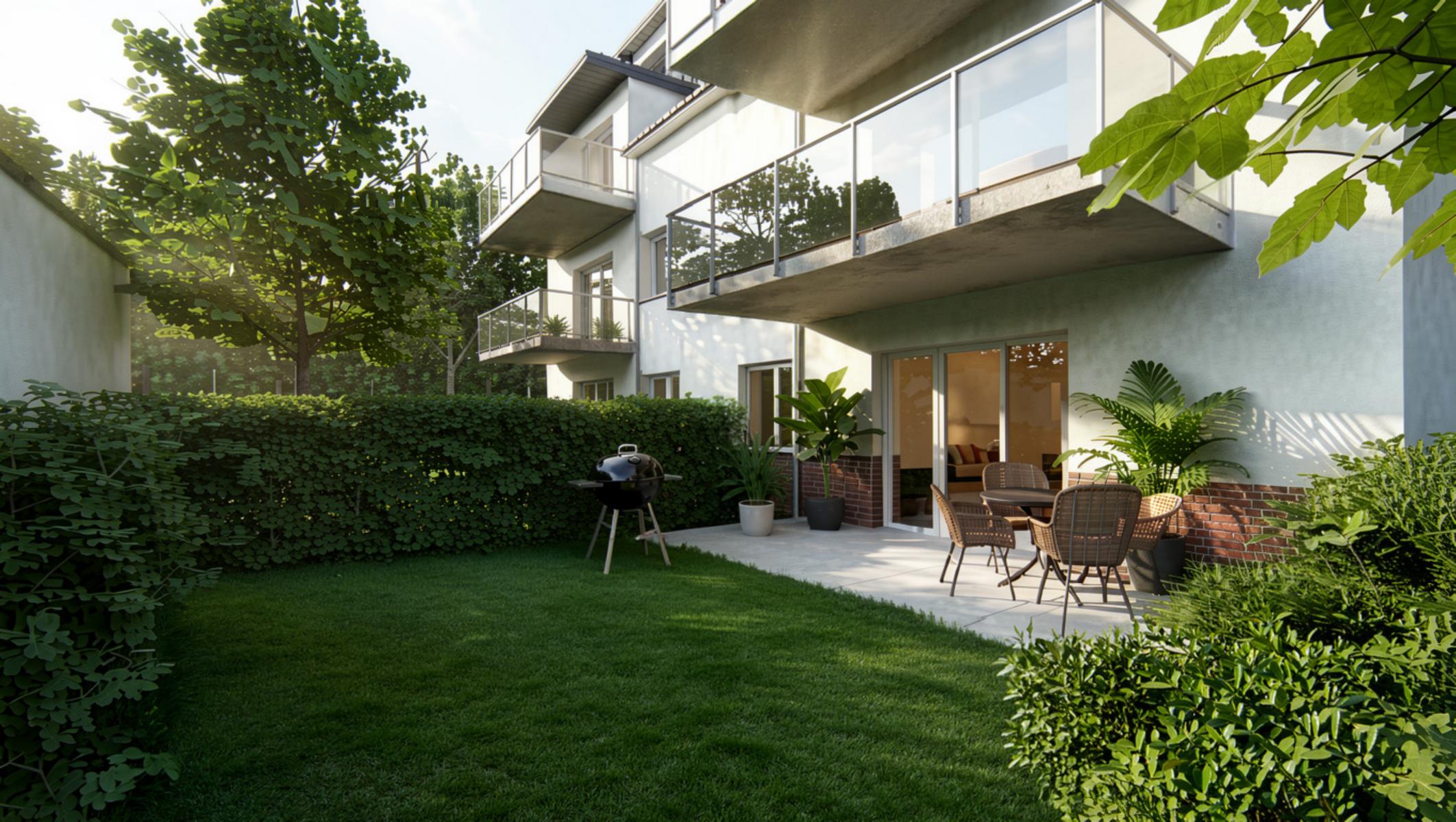 Das Bild zeigt ein Architektur-Rendering eines Mehrfamilienhauses, dessen Planung und Bau von der Kempis Tilmann Immobilien eGbr in Auftrag gegeben wurde. Zu erkennen auf dem Bild, ist eine Terrassenwohnung mit Garten und Sitzgelegenheiten als auch einem Grill. Der Garten stimmt mit den Grundrissen überein, sodass sich potentielle Mieter bereits während der Bauphase ein realistisches Bild machen konnten.