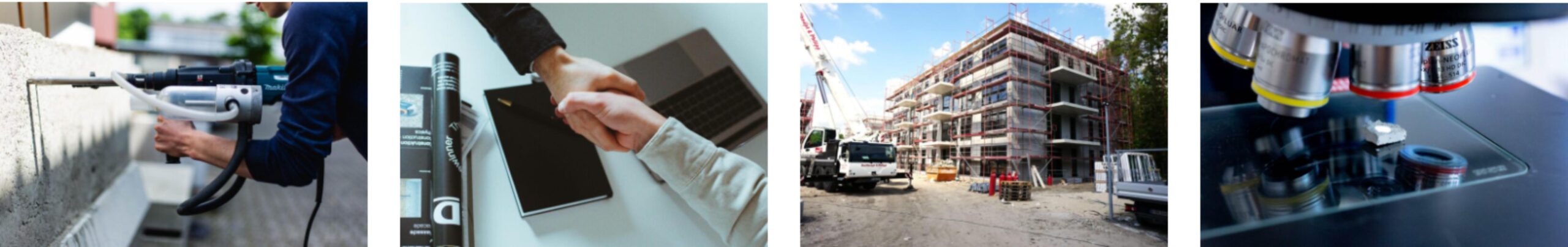 Impressionen Das Foto besteht aus vier Teilaufnahmen, die den Alltag des Ingenieurbüros KKOe aus Düsseldorf beschreibt,. Im ersten Bild wird eine Bohrmehlprobe mittels eines Spezialbohrgeräts aus einem Betonbauteil entnommen. Das nächste Bild zeigt einen (symbolischen) Vertragsabschluss über ein Bauprojekt, indem sich zwei Parteien die Hände schütteln. Die Aufnahme daneben zeigt eine Baustelle an einem Mehrfamilienhaus einschließlich Gerüststellung. Die letzte Aufnahme zeigt eine Betonprobe unterhalb eines Polarisationsmikroskops.