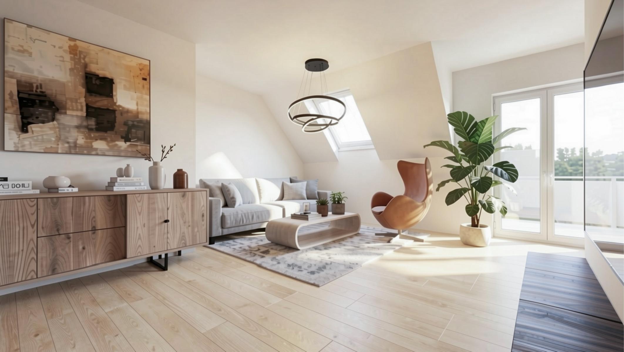 Das Bild zeigt ein KI-gestützes Rendering eines Wohnzimmers in einem Mehrfamilienhaus, dessen Planung und Bau von der Kempis Tilmann Immobilien eGbr in Auftrag gegeben wurde. Zum Zeitpunkt der 3D-Visualisierung war das Mehrfamilienhaus bzw. das Wohnzimmer in Planung. Das gerenderte Bild zeigt einen Lounge Sessel der seitlich vor dem Balkon steht; gegenüber ist eine Couch sowie ein Sideboard (links daneben) zu erkennen. Das generierte Bild sollte potentiellen Mietern ein besseres Raumverständnis vermitteln.